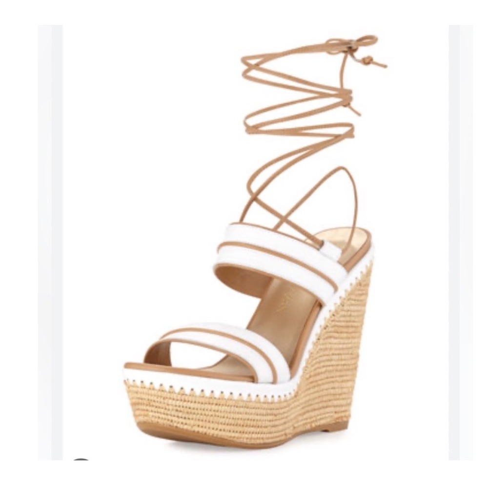 Stuart Weitzman Abandon White Leather Lace Up Raffia Wedge Sandals Espadrille 8